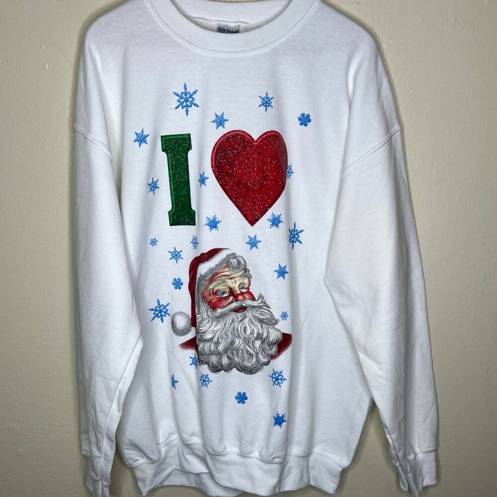 Gildan Christmas Sweatshirt Large Vtg Santa Claus Holiday 90s Sparkle Snowflake